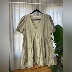 Zara Khaki V-Neck Tiered Dress cotton/linen blend size M